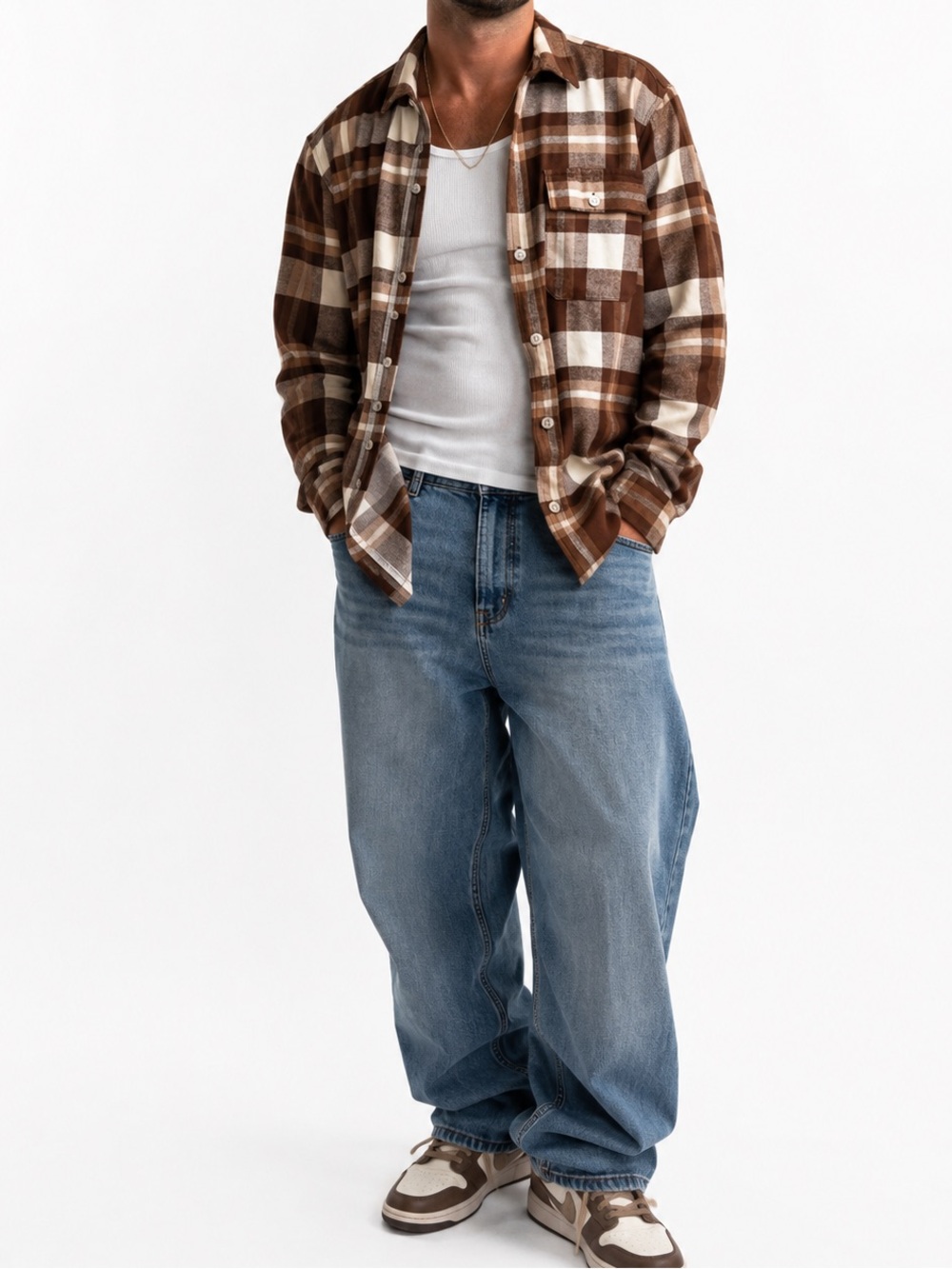 Topman Shirt Flannel Small Plaid Thick Cotton Brown White